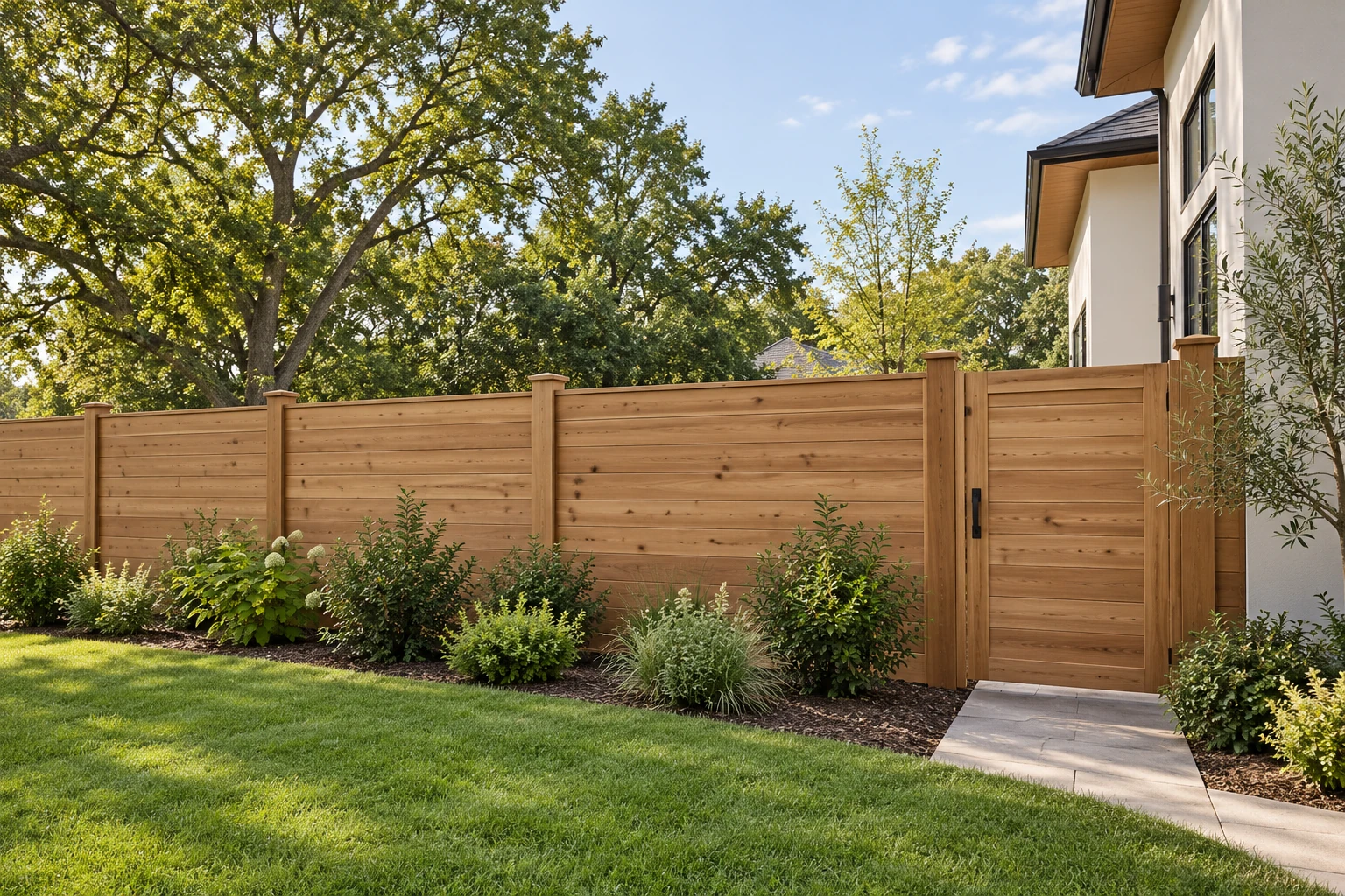 A cedar privacy fence with a matching gate around a landscaped home in natural daylight